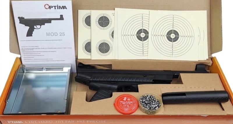 Фото комплектації пневматичного пістолета Optima Mod. 25 Kit